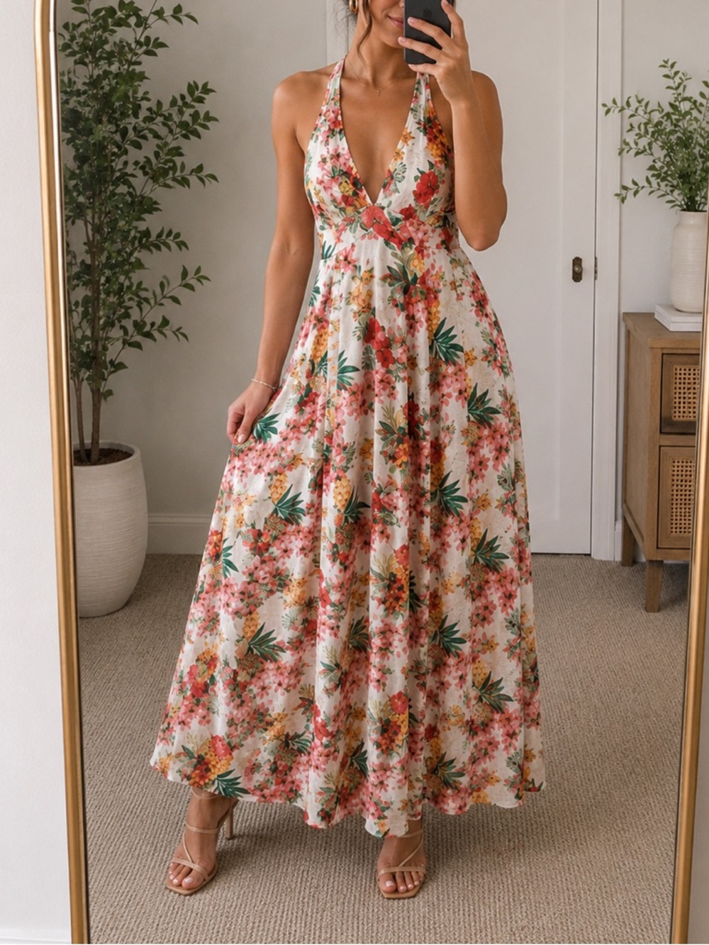 Vix White Tropical Floral Halter Maxi Dress